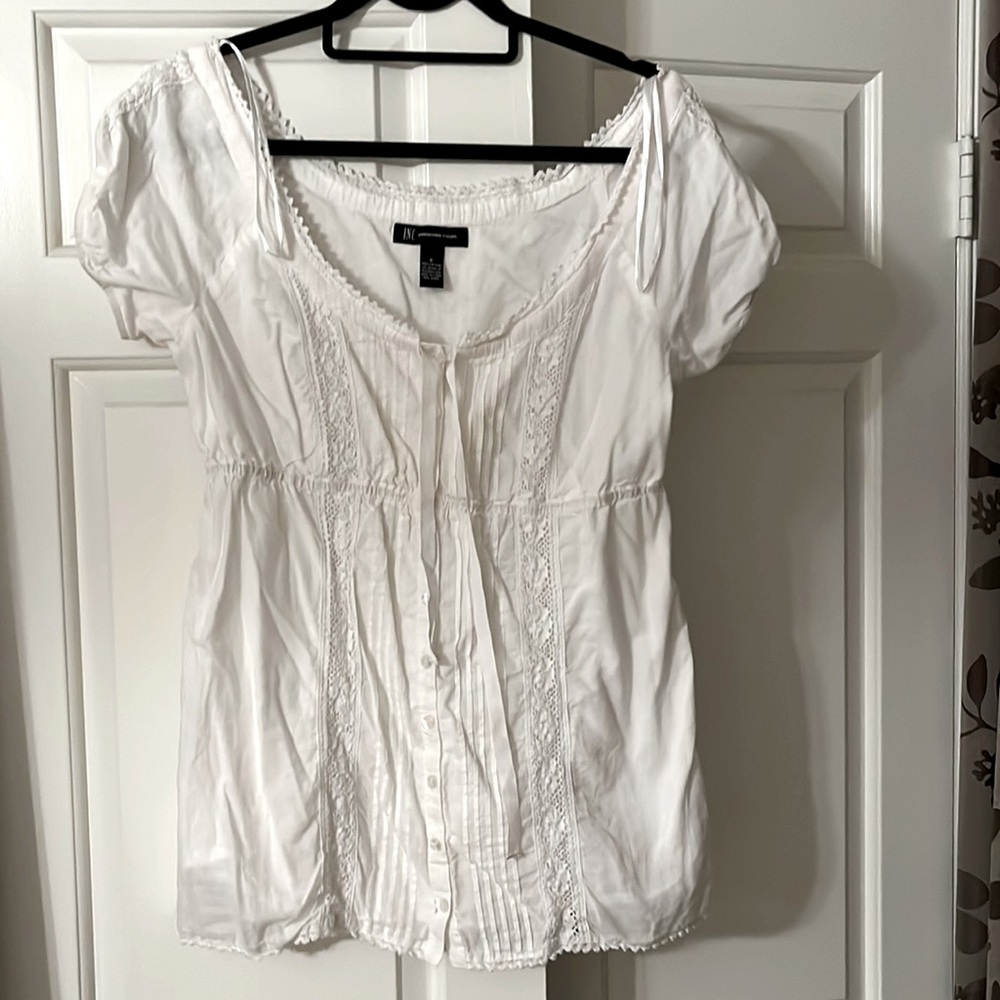 INC white shirt sleeved cotton blouse with lace trim